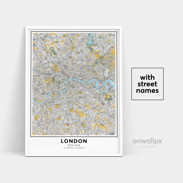 London Map Print, Street Names London Print, Printable Map Of London, City Map Art, London England Map Art, Travel Gift Poster