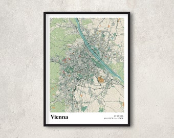 May include: A black and white map of Vienna, Austria with a green and blue color scheme. The map shows the city's streets, rivers, and parks. The text "Vienna" and "AUSTRIA 48.193°N 16.373°E" is printed in the bottom right corner of the map.