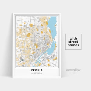 Impressão de mapa de Peoria, impressão de nomes de ruas de Peoria, mapa imprimível de Peoria, arte de mapa de cidade, arte de mapa de Peoria Illinois, pôster de presente de viagem