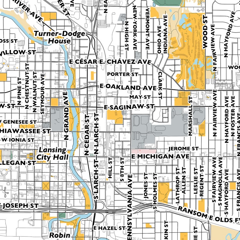 Lansing Map Print Street Names Lansing Print Printable Map Etsy