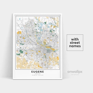 Impressão de mapa de Eugene, impressão de nomes de ruas Eugene, mapa imprimível de Eugene, arte do mapa da cidade, arte do mapa de Eugene Oregon, pôster de presente de viagem