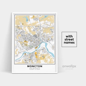 Impression de carte de Moncton, impression de noms de rue, carte de Moncton, art de carte de ville, art de carte de Moncton Nouveau-Brunswick Canada, cadeau de voyage affiche