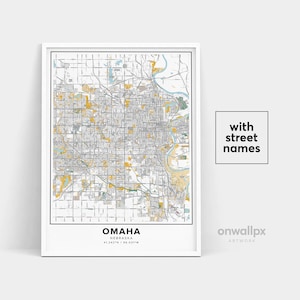 Impressão de mapa de Omaha, impressão de nomes de ruas de Omaha, mapa imprimível de Omaha, arte de mapa da cidade, arte de mapa de Omaha Nebraska, pôster de presente de viagem