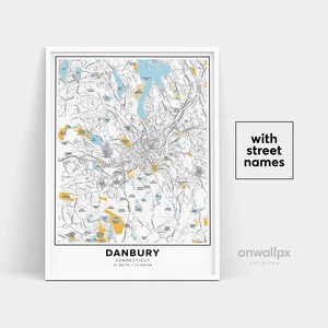 Impression de carte de Danbury, impression de noms de rues de Danbury, carte imprimable de Danbury, art de carte de ville, art de carte de Danbury Connecticut, affiche de cadeau de voyage