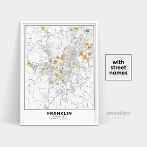 Impressão de mapa de Franklin, impressão de nomes de ruas de Franklin, mapa imprimível de Franklin, arte de mapa de cidade, arte de mapa de Franklin Tennessee, pôster de presente de viagem