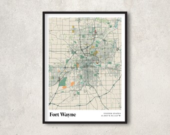 Carte de Fort Wayne imprimée, décoration murale rétro Indiana