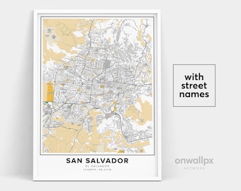San Salvador Map Print With Street Names, City Map Art, Travel Gift Poster