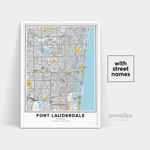 Fort Lauderdale kaart afdrukken, straatnamen Fort Lauderdale afdrukken, Fort Lauderdale stadskaart kunst, kaart Fort Lauderdale Florida, reiscadeau poster