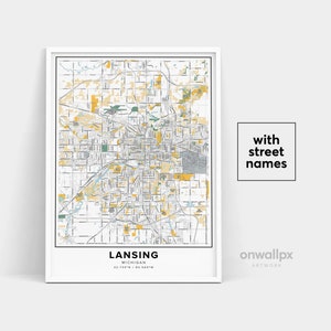 Lansing Map Print, Noms de rue Lansing Print, Carte imprimable de Lansing, City Map Art, Lansing Michigan Map Art, Affiche cadeau de voyage