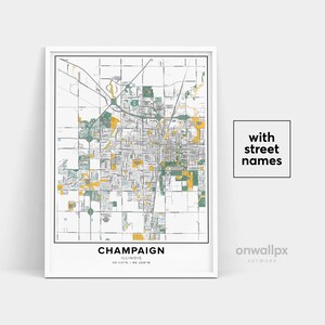 Impressão de mapa de Champaign, impressão de Champaign de nomes de ruas, mapa imprimível de Champaign, arte de mapa de cidade, arte de mapa de Champaign Illinois, pôster de presente de viagem
