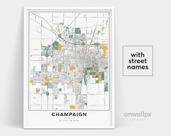 Carte de Champaign (Illinois) avec noms de rues, affiche décorative, cadeau de voyage