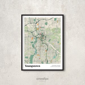 Youngstown Print Map, Retro Youngstown Map Poster, vintage Youngstown Streets Map Art, Carte cadeau Youngstown Ohio, Youngstown Wall Decor, RC68