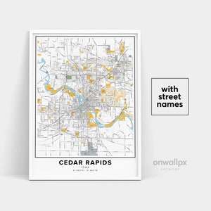 Cedar Rapids Map Print, Noms de rues Cedar Rapids Print, Carte imprimable de Cedar Rapids, City Map Art, Cedar Rapids Iowa, Affiche cadeau de voyage