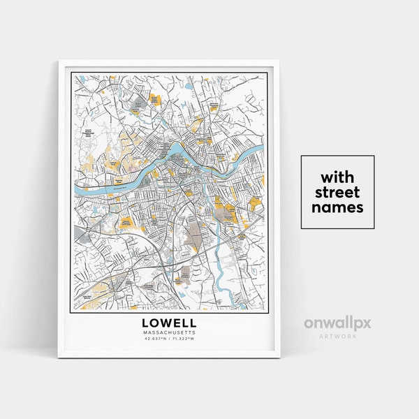 Lowell Map Print, Street Names Lowell Print, Printable Map Of Lowell, City Map Art, Lowell Massachusetts Map Art, Travel Gift Poster