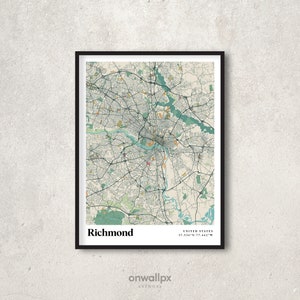 Impression de carte de Richmond, affiche de carte de Richmond rétro, art de la carte des rues de Richmond vintage, carte cadeau de Richmond en Virginie, décoration murale de Richmond, RC53