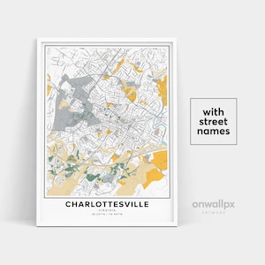 Impressão de mapa de Charlottesville, nomes de ruas Impressão de Charlottesville, arte do mapa da cidade, mapa de decoração de Charlottesville Virgínia, pôster de presente de viagem