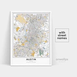Impressão de mapa de Austin, impressão de nomes de ruas de Austin, mapa de Austin para impressão, arte de mapa da cidade, arte de mapa de Austin, Texas, pôster de presente de viagem