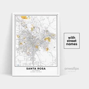 Impresión de mapas de Santa Rosa, nombres de calles Impresión de Santa Rosa, Mapa de Santa Rosa, Arte del mapa de la ciudad, Arte del mapa de California de Santa Rosa, Cartel de regalo de viaje