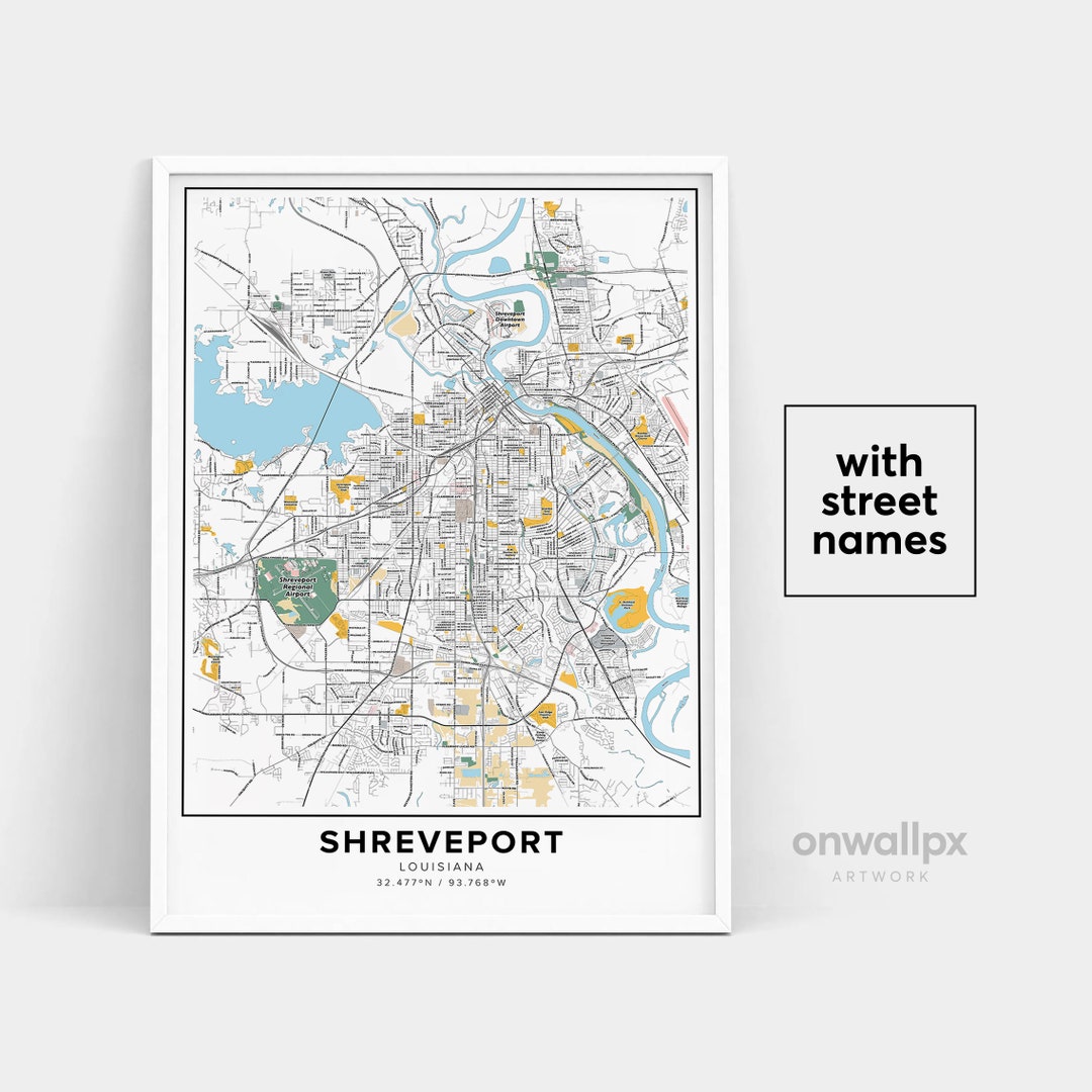 Shreveport Map Print, Street Names Shreveport Print, Printable Map of ...