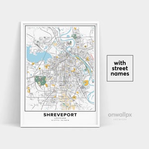 Shreveport Map Print, Noms de rue Shreveport Print, Carte imprimable de Shreveport, City Map Art, Shreveport Louisiana Map, Travel Gift Poster
