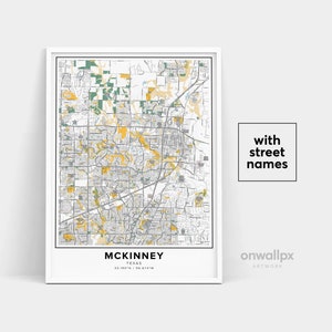Impressão de mapa de McKinney, impressão de nomes de ruas McKinney, mapa para impressão de McKinney, arte de mapa de cidade, arte de mapa de McKinney Texas, pôster de presente de viagem