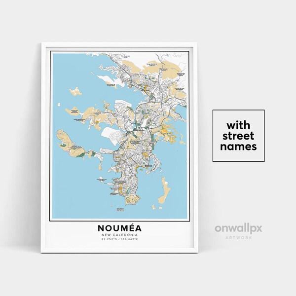 Noumea Map Print, Noms de rues Noumea Print, Carte imprimable de Noumea, City Map Art, Noumea New Caledonia Map Art, Affiche cadeau de voyage