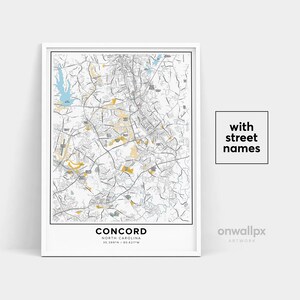 Impression de carte de Concord, impression de Concord des noms de rue, carte imprimable de Concord, art de carte de ville, art de carte de Concord en Caroline du Nord, affiche de cadeau de voyage