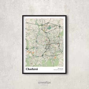 Impression d'affiche de carte de Charleroi, décoration de carte de Charleroi rétro, carte-cadeau de Charleroi vintage, carte rétro de Charleroi en Belgique, art mural intérieur