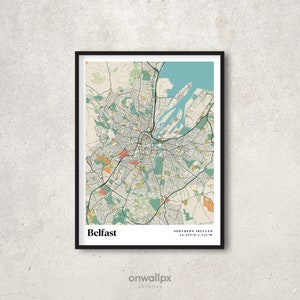 Affiche de carte de Belfast, décoration de carte de Belfast rétro, art mural cadeau Belfast vintage, carte de la ville de Belfast rétro en Irlande du Nord, décoration murale intérieure