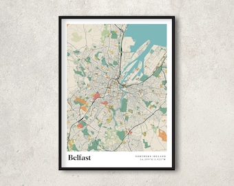 Belfast Map Poster, Retro Belfast Map Decor, Vintage Belfast Gift Wall Art, Retro City Map of Belfast Northern Ireland, Interior Wall Decor