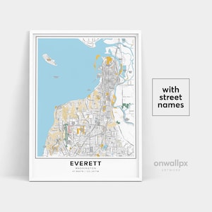Impression de carte d'Everett, impression d'Everett des noms de rue, carte imprimable d'Everett, art de carte de ville, art de carte d'Everett Washington, affiche de cadeau de voyage