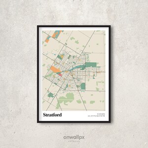 Impression d'affiche de carte de Stratford, décor de carte Stratford rétro, carte cadeau Stratford vintage, carte rétro de Stratford (Ontario), art mural intérieur