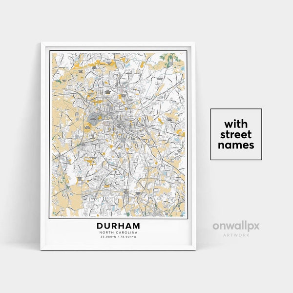 Durham Map Print, Street Names Durham Print, Printable Map Of Durham, City Map Art, Durham North Carolina Map Art, Travel Gift Poster