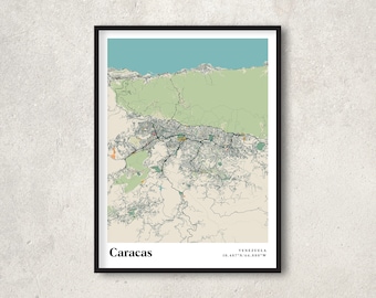 Retro Caracas Map Print, Venezuela Streets Art, Travel Gift Poster