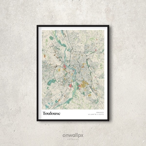 Toulouse Print Map, Retro Toulouse Map Poster, Vintage Toulouse Streets Map Art, Gift Map of Toulouse France, Toulouse Wall Art Decor, RC55