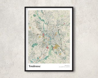 Toulouse Print Map, Retro Toulouse Map Poster, Vintage Toulouse Streets Map Art, Gift Map of Toulouse France, Toulouse Wall Art Decor, RC55