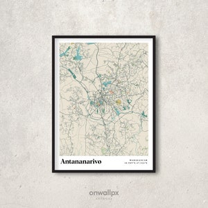 Impression d'affiche de carte d'Antananarivo, décor de carte d'Antananarivo rétro, art mural cadeau Antananarivo vintage, plan de la ville d'Antananarivo, art de Madagascar