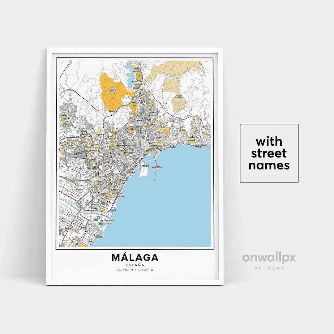 Málaga Map Print, Street Names Malaga Print, Printable Map of Málaga