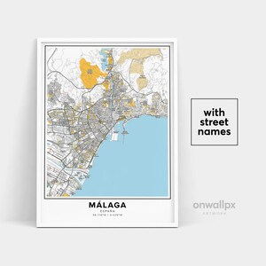 Malaga Map Print, Street Names Malaga Print, Carte imprimable de Malaga, City Map Art, Malaga Espagne Map Art, Affiche cadeau de voyage
