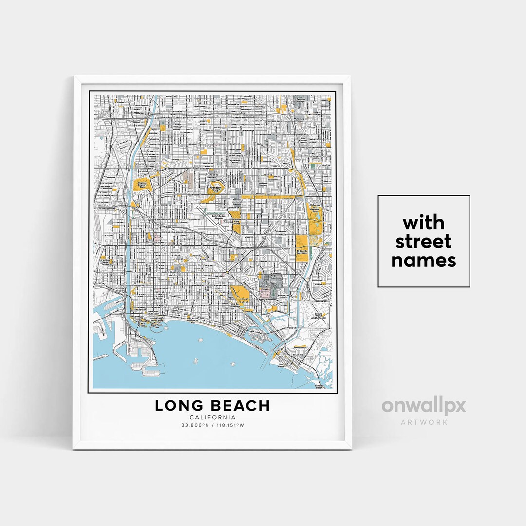 Long Beach Map Print, Street Names Long Beach Print, Printable Map of ...