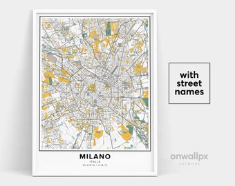 Impression de carte de Milan, Noms de rues Impression de Milan, Carte imprimable de Milan, Art de la carte de la ville, Art de la carte de Milan Italie, Affiche de cadeau de voyage