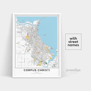 Impressão de mapa de Corpus Christi, impressão de nomes de ruas Corpus Christi, arte de mapa de cidade de Corpus Christi, arte de mapa de Corpus Christi Texas, pôster de presente de viagem
