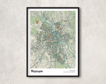 Retro Warsaw Map Poster Print, Vintage Poland Wall Art