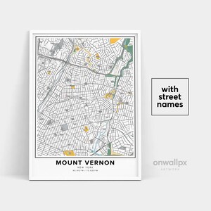 Impression de carte de Mount Vernon, impression de noms de rues de Mount Vernon, carte du mont Vernon, art de carte de ville, art de carte de Mount Vernon New York, affiche de cadeau de voyage