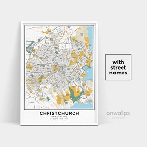 Christ Church Karte Druck, Straßennamen Christ Church Karte Druck, Karte von Christ Church, Stadt Karte, Christ Church Neuseeland Karte, Reisegeschenk Poster