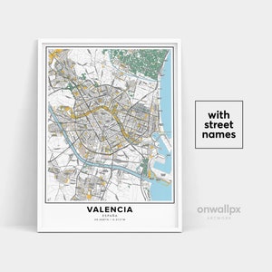 Impression de carte de Valence, impression de Valence de noms de rue, carte imprimable de Valence, art de carte de ville, art de carte de Valence Espagne, cadeau de voyage affiche