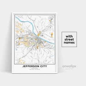 Impressão do mapa da cidade de Jefferson, impressão da cidade de Jefferson com nomes de ruas, mapa da cidade de Jefferson, arte do mapa da cidade, mapa da cidade de Jefferson Missouri, pôster para presente