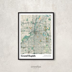 Affiche impression carte Grand Rapids, décoration de carte Grand Rapids rétro, cadeau Grand Rapids vintage, carte rétro de la ville art mural Grand Rapids Michigan, RC84