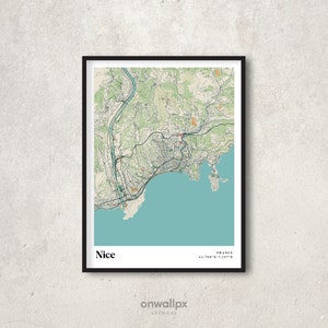 Bonito mapa Póster Imprimir Decoración de pared, Retro Bonita Decoración de mapa, Vintage Nice Regalo Arte de pared, Retro Mapa de la ciudad de Niza Francia, Decoración de pared interior, RC27