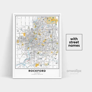 Impressão de mapa de Rockford, impressão de nomes de ruas de Rockford, mapa imprimível de Rockford, arte de mapa da cidade, arte de mapa de Rockford Illinois, pôster de presente de viagem